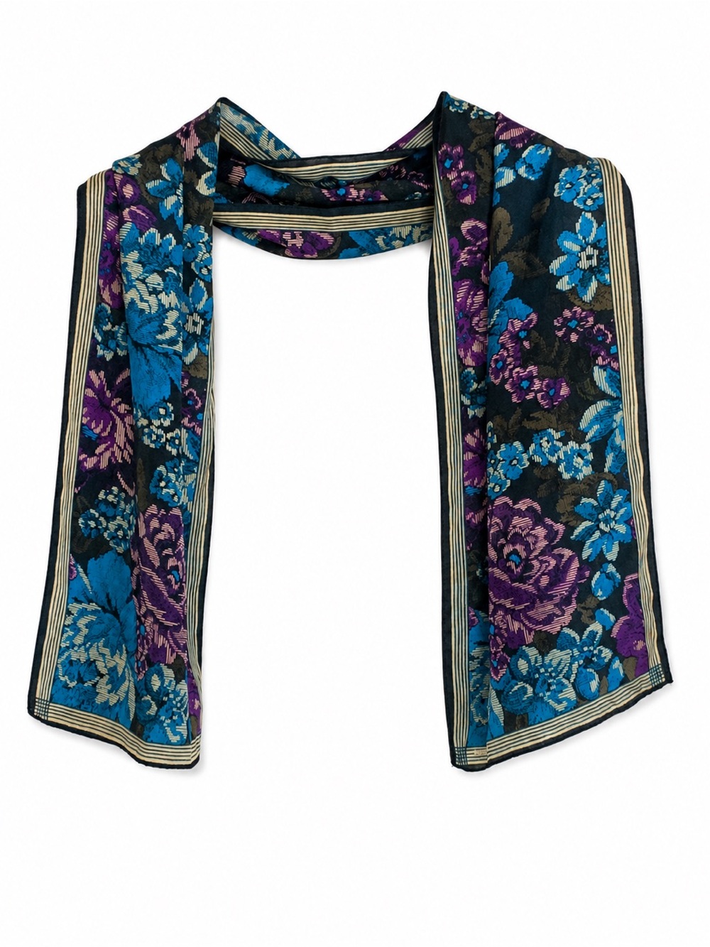 Vintage Elaine Gold 100% Silk Floral Long Scarf Blue Purple Black 50"
